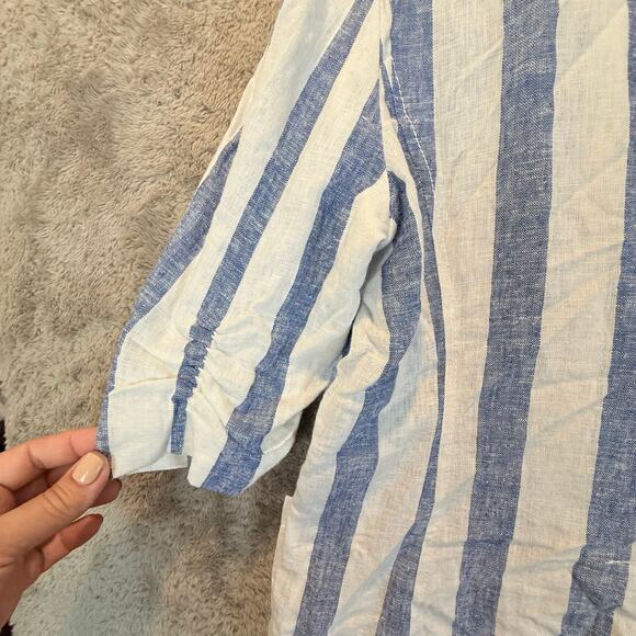 NWT Karen Kane Linen Blue White Stripe Santorini Ruched Sleeve Jacket Blazer L - Picture 5 of 14